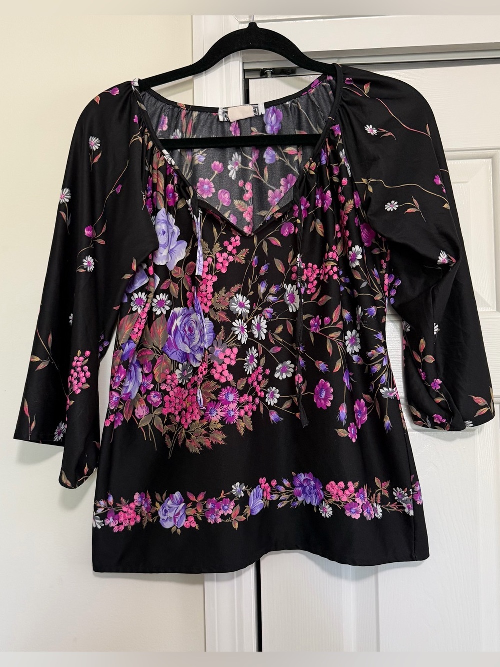 Teddi of California Vintage Black Floral Bell Sleeve Blouse Size Small